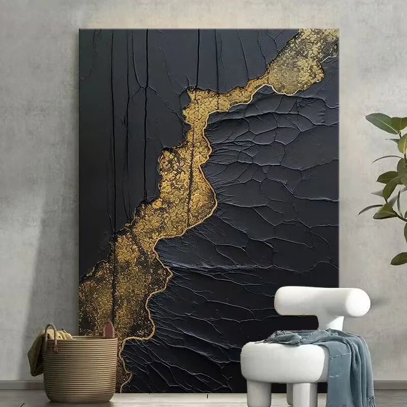 Modern Abstract Black Texture Picture Gold Foil River Oil Painting For Home Wall Decor Pure Handmade Poster On Canvas LivingRoom