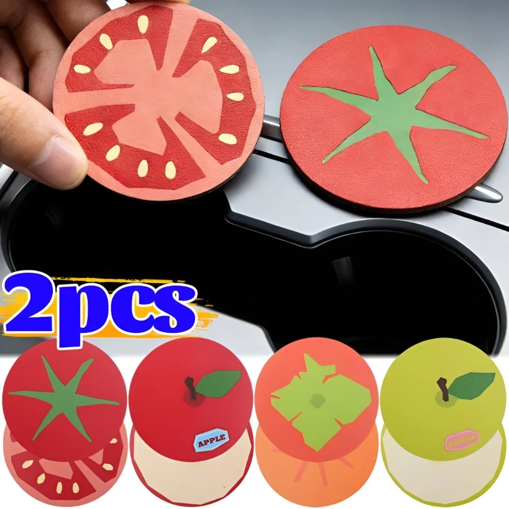 Universal Car Cup Holder Coaster Fruit PU Leather Anti Slip Mat Auto Interior Accessory Drink Pad Vehicle Home Office Tomato