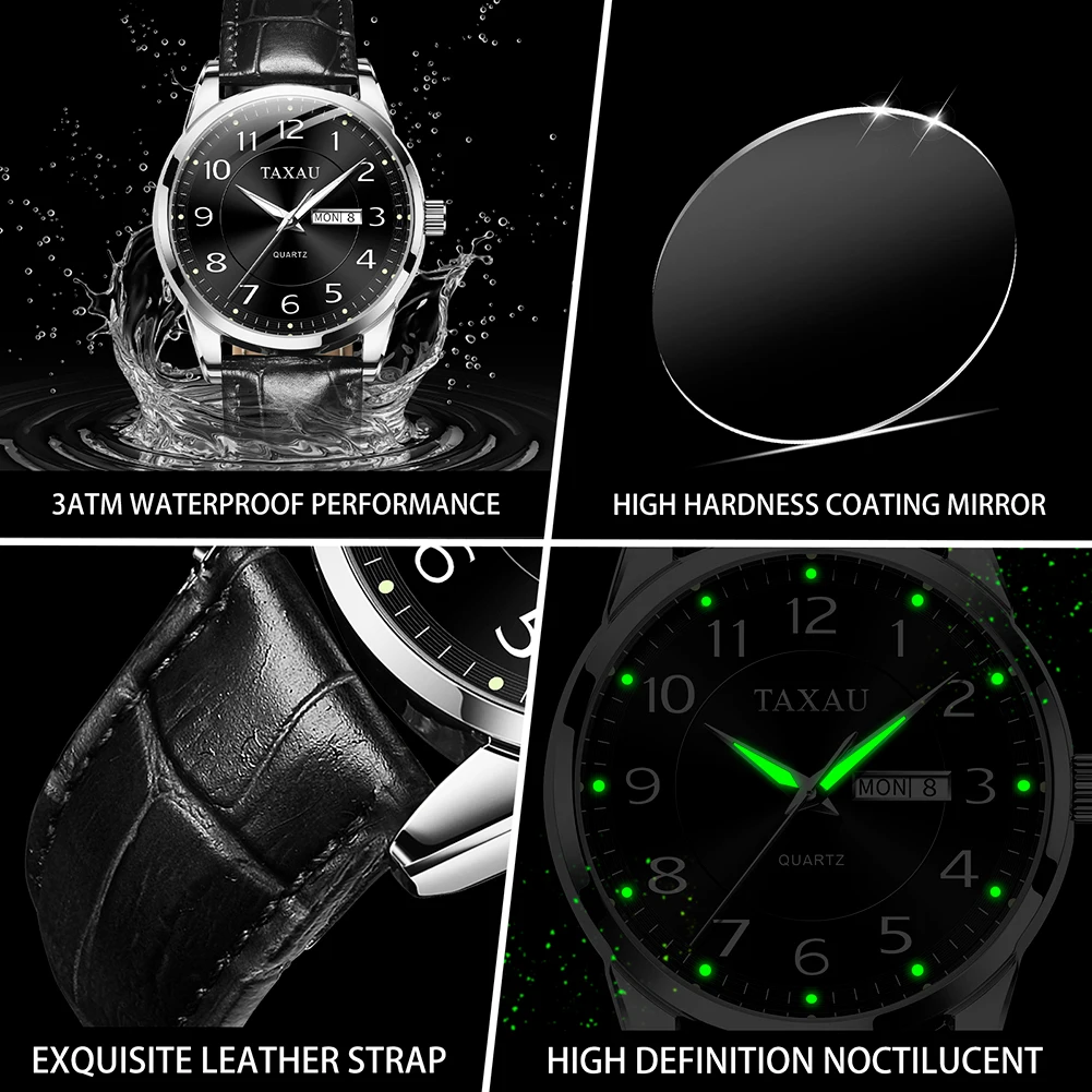 TAXAU Fashion Business Watch for Men Dual Calendar Waterproof Men\'s Watches Leather Strap Luxury Top Brand Man Quartz Wristwatch