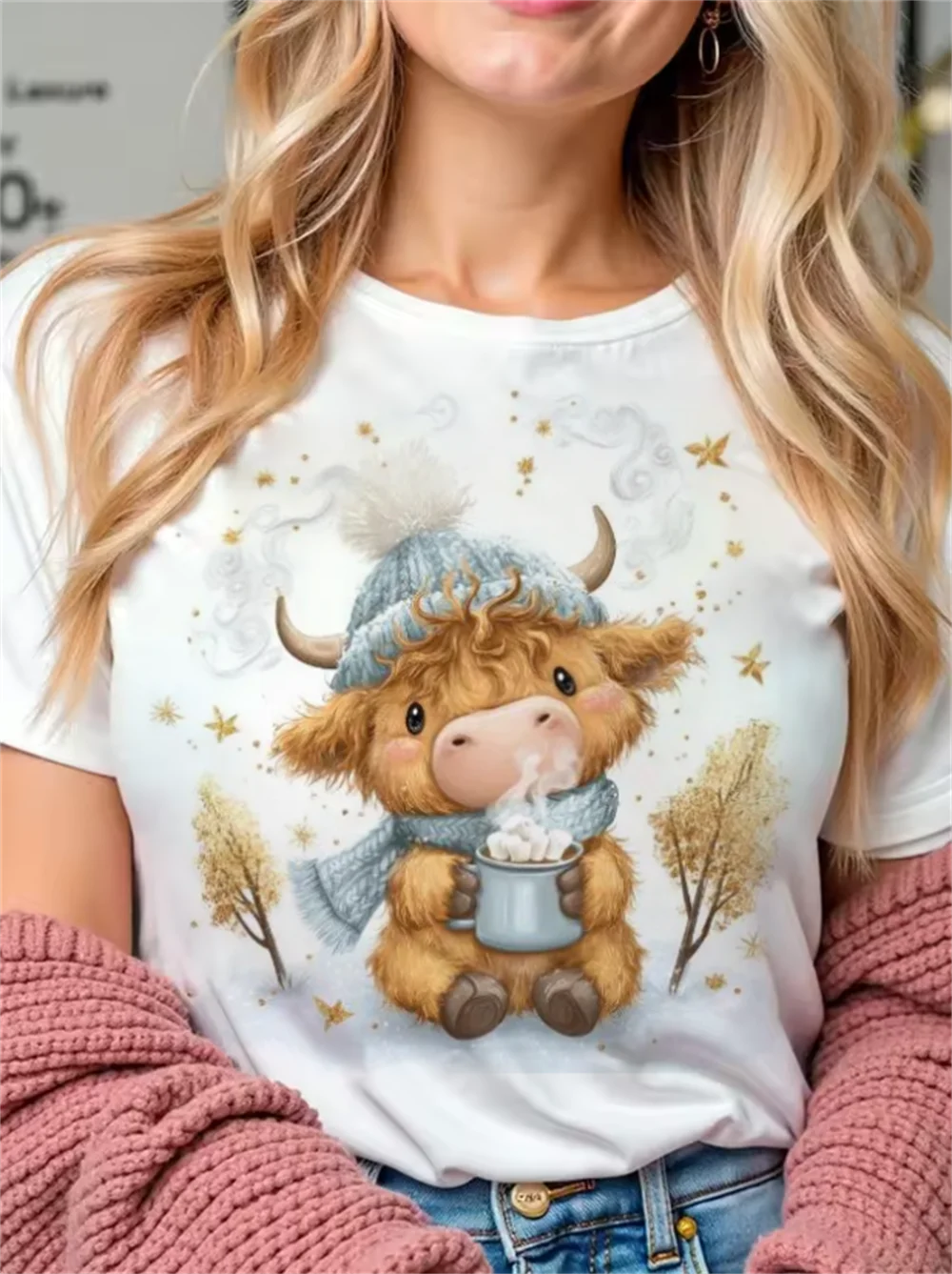 Women's Printed Cartoon Gift Short Sleeved Christmas Highland Cow Print Pattern Cute Round Neck T-Shirt Top White T-Shirt