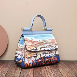 Women Bags Leather Vintage Painting Art Purse Handbags Girl Shoulder Bag Cross Body Messenger Bag Female Totes Braccialini Style