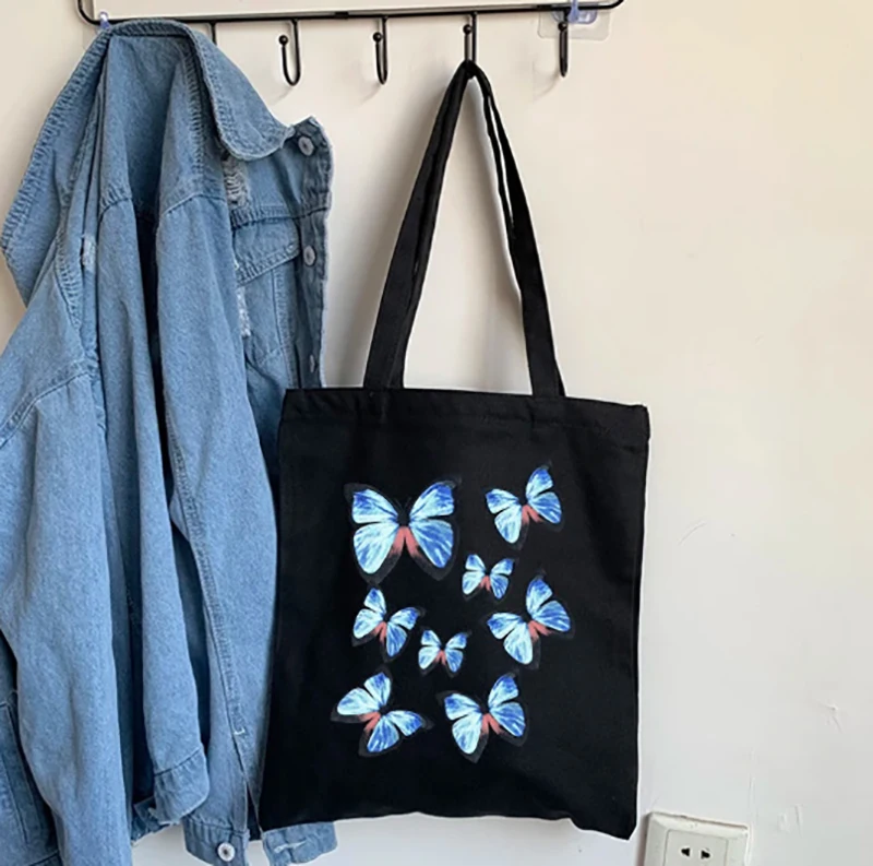 Summer Cartoon Butterfly Printing Ulzzang Korean Casual Large Capacity Tote Bags Shopper Canvas Harajuku Handbags Cheap Women