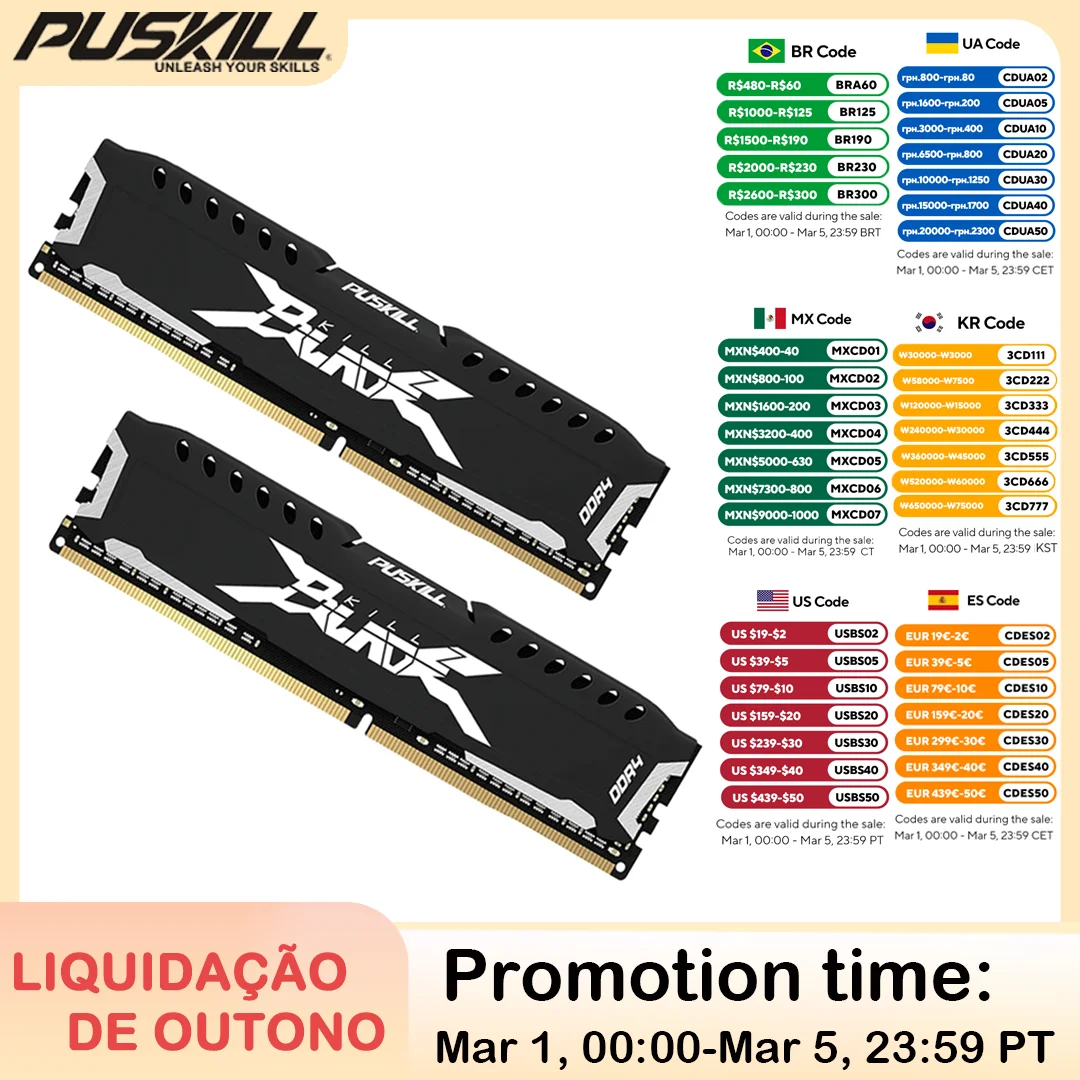 PUSKILL Memória RAM DDR4 16GB 8GB 1.2V 3200MHz 2666MHz Desktop Computer UDIMM Cooling Vest Memory Memoria