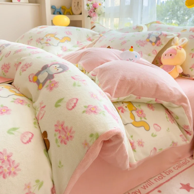Soft Plush Winter Bedding Set Thickened Milk Velvet Coral Fleece Quilt Cover Fast Warm Retention Fluffy Cozy Bed Flat Sheet