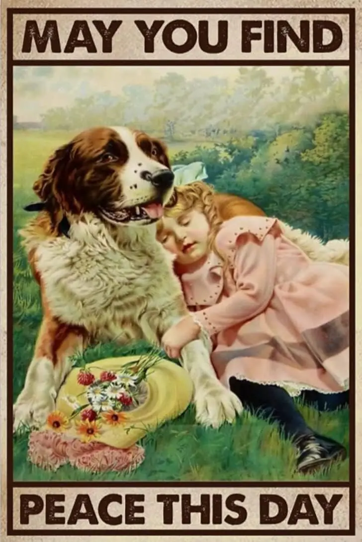 Tin Signs - Bernard Dog and Girl May You Find Peace This Day Sign Home Wall Art Metal Bar Club Decorations