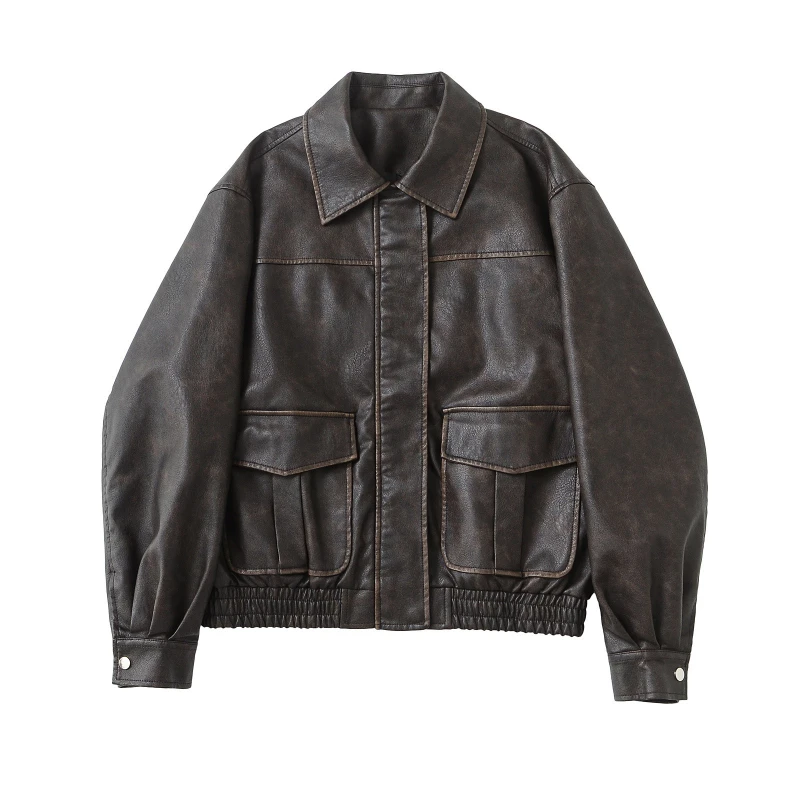 سترة عمل فضفاضة لخريف وشتاء 2025 سترات نسائية من الجلد الصناعي معاطف بياقة مقلوبة معطف غير رسمي