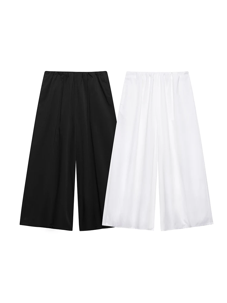 

KUCLUT Women Fashion Solid Pleated Wide Leg Pants Vintage Mid Elastic Waist Full Length Female Chic Lady Trousers