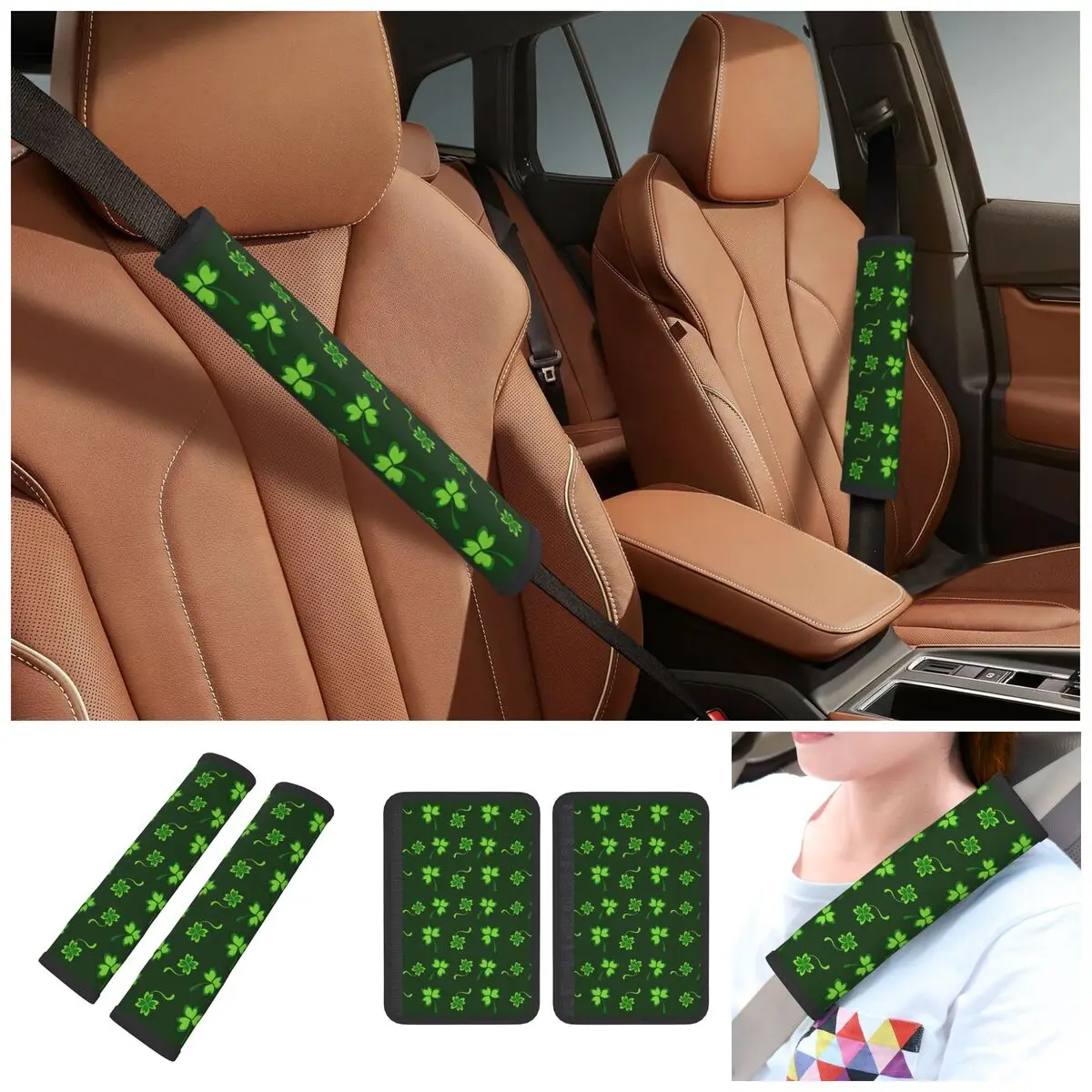Car Saint Patricks Day Four Leaf Clover Seat Belt Cover Soft SeatBelt Cushion for Cars Backpack