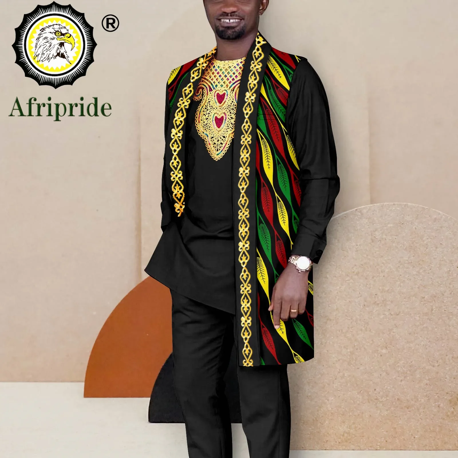 African Suits for Men Print Jacket Embroidery Shirts and Pants 3 Piece Set Dashiki Outfits Plus Size Casual Attire A2316032