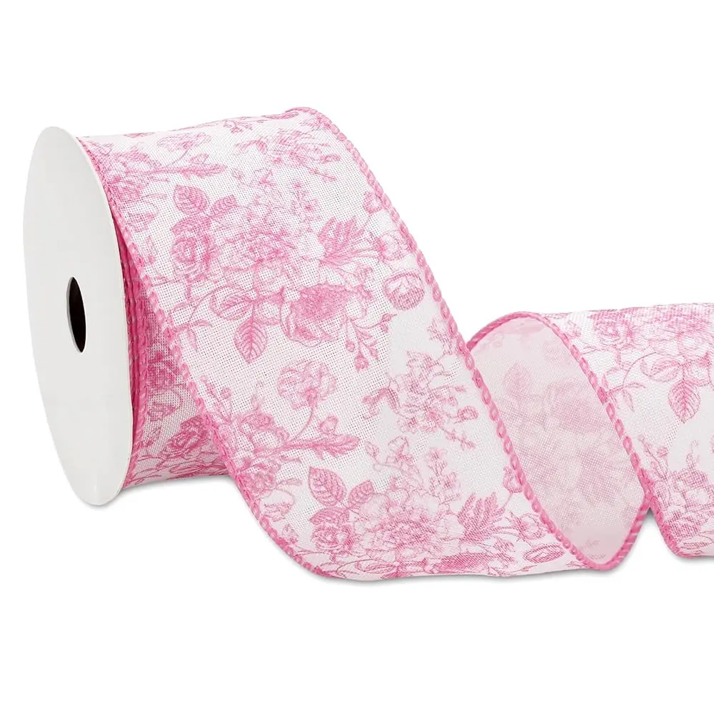 

Wired Edge Ribbon Roll Pink Flower Ribbon Chinoiserie Fabric Ribbon for Wreath Bow Making DIY Crafts Gift Wrapping, 12 Yard