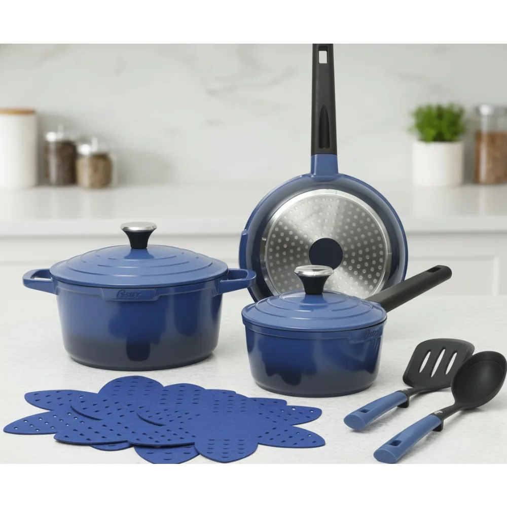 

10-Piece Cast Aluminum Non-Stick Cookware Set, PFOA-Free Ceramic Coating, Blue - Ideal for Home Chefs