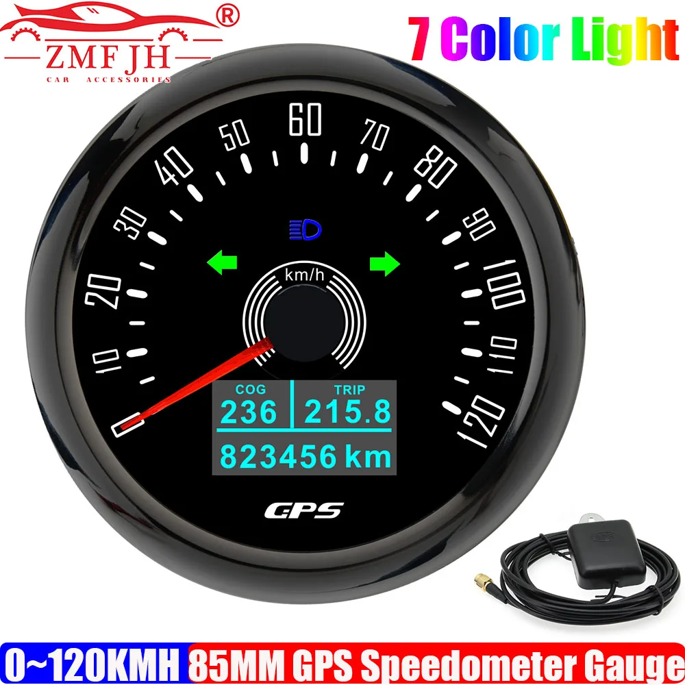 ZMFJH 80KMH,160KMH,120KMH 85MM GPS Speedometer Gauge with Antenna OLED Display High Beam Turn Light 7 Color LED COG TRIP Mileage