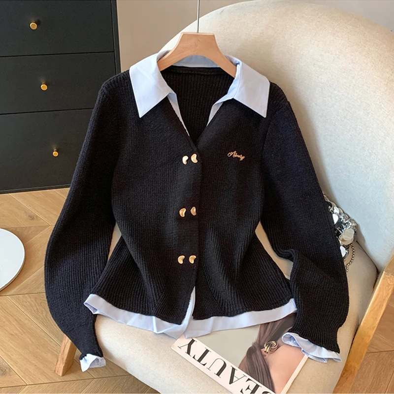 

Французский искусственный двухсекционный вязаный кардиган с отложным воротником, женский осенний свитер, новый дизайн, шикарные свитера на пуговицах, пальто
