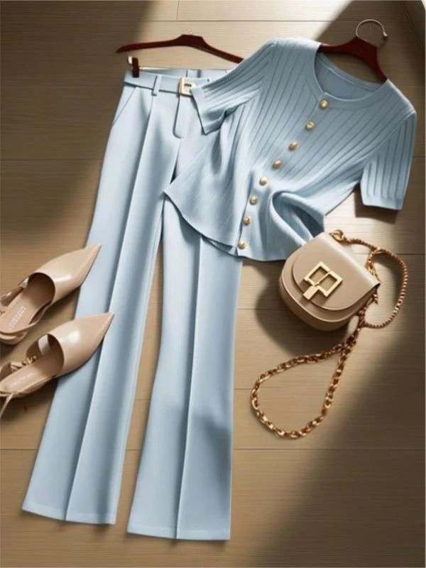 New 2025 Summer Elegant Blue Two-Piece Set High Quality Women's Fashion Ensemble Polyester Fiber 100% Stylish Student Uniform