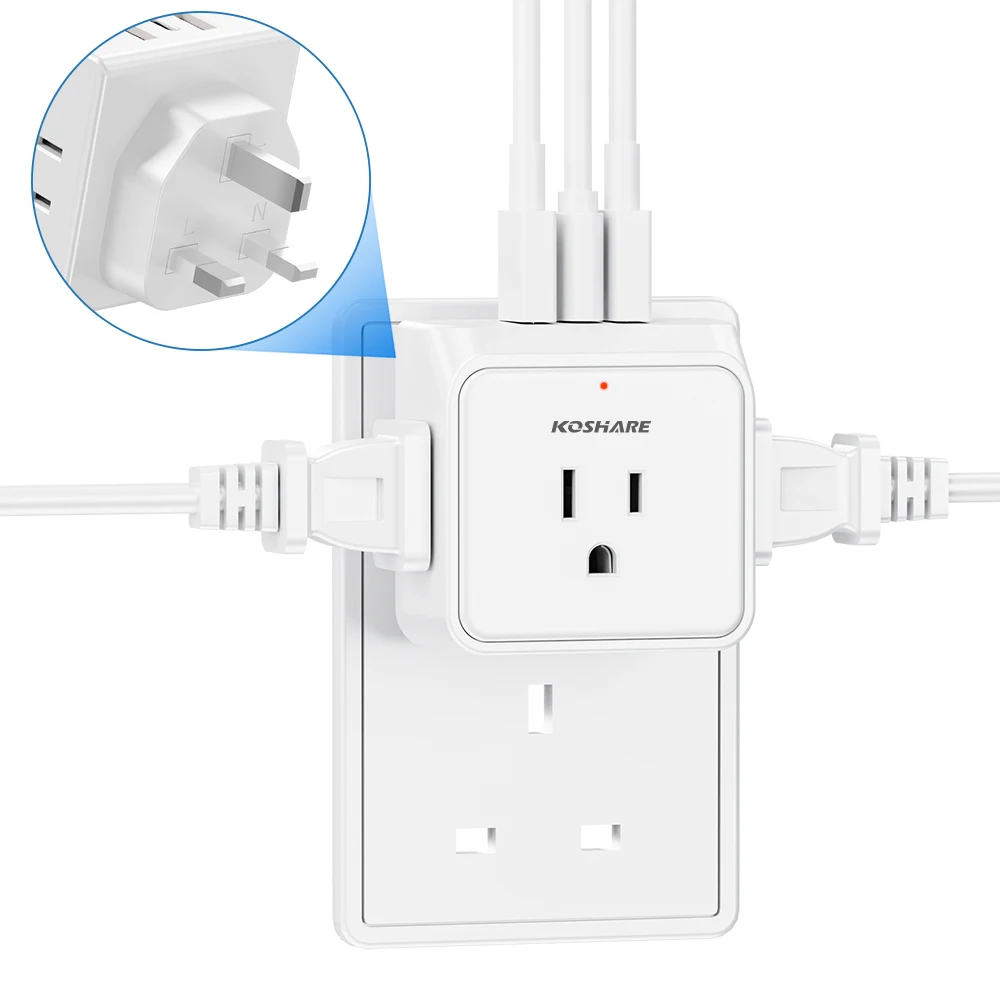 KOSHARE US to UK Plug Adapter Travel Plug Adapter, Ireland Scotland Dubai Power Adapter with 3 Outlets And 3 USB Ports