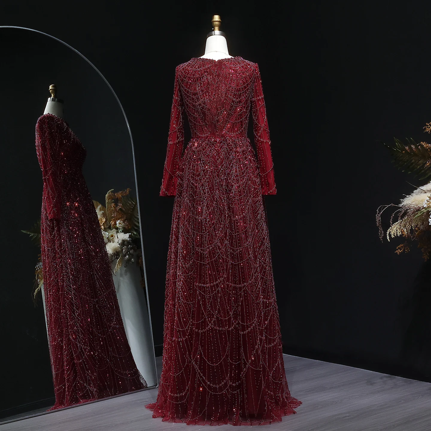 Sharon Said Luxuriöses Dubai-Abendkleid mit grünen Perlen und langen Ärmeln, Saudi-Arabisches Damen-Hochzeitskleid, formelle Partykleider SS625, maßgeschneidert – Detail 20
