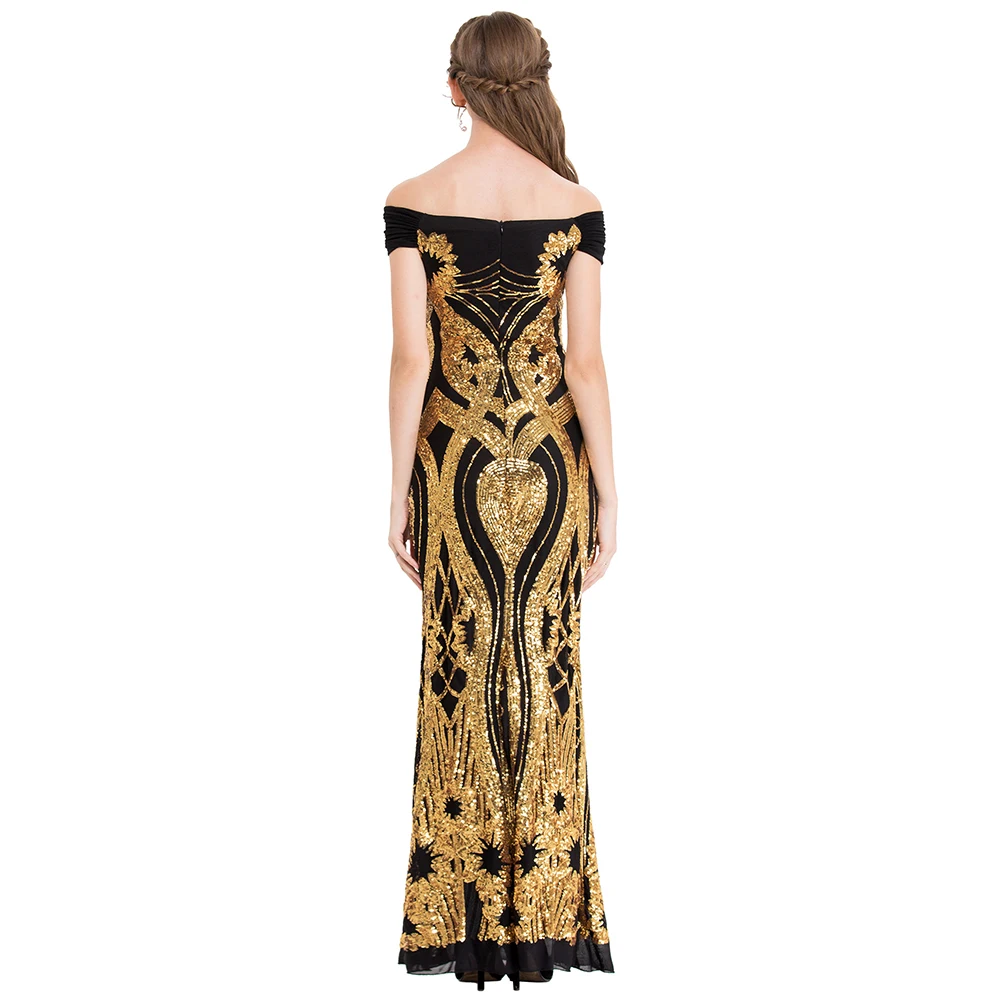 Angel-Fashions Vrouwen Off Shoulder Gold Bloemen Patroon Sparkly Pailletten Schede Avond Party Dress Vintage Moeder Van Bruid gown