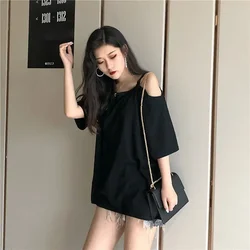 Tops Woman Plain Off Shoulder T Shirt for Women Coquette Clothes Black Sexy with Straps Y2k Sleeves Harajuku Fashion Pulovers