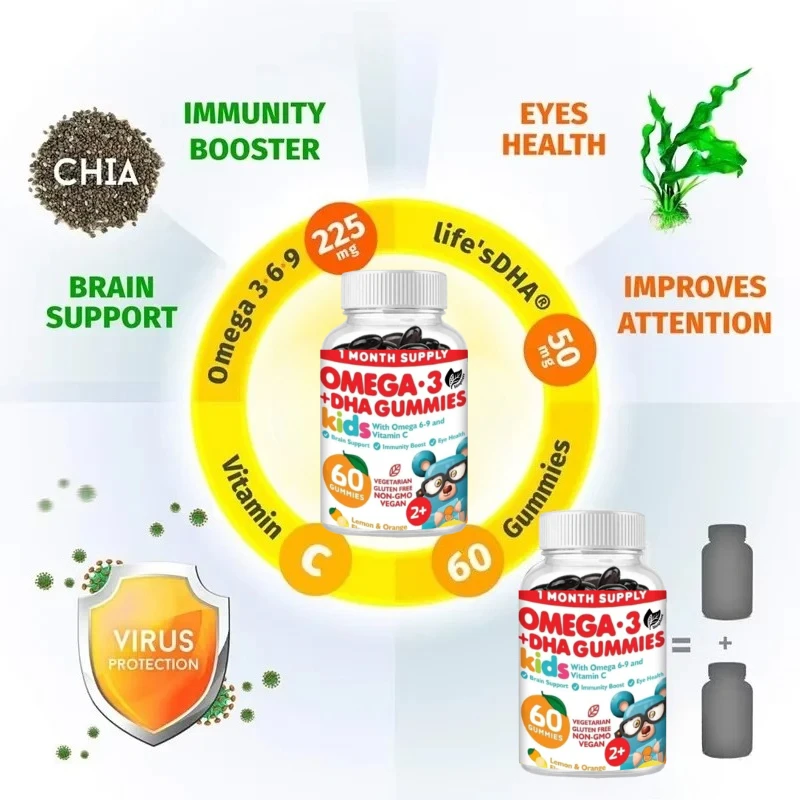 

Вегетарианские жевательные жевательные конфеты Omega 3, подходят для детей и малышей (60 таблеток), содержащие Omega 6 и 9, без рыбьего масла и глютена