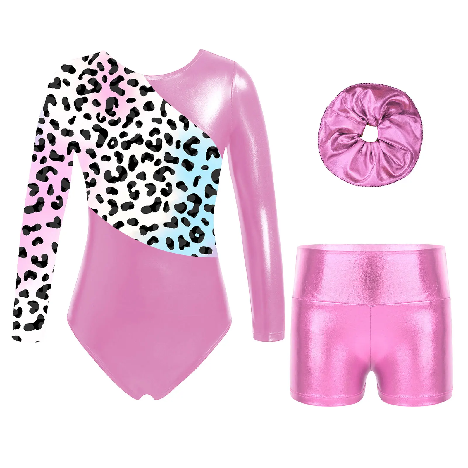 Kids Girls Rhythmic Gymnastics Jumpsuit Skating Leotard Long Sleeve Printed Ballet Leotard Metallic Shorts Performance Outfit