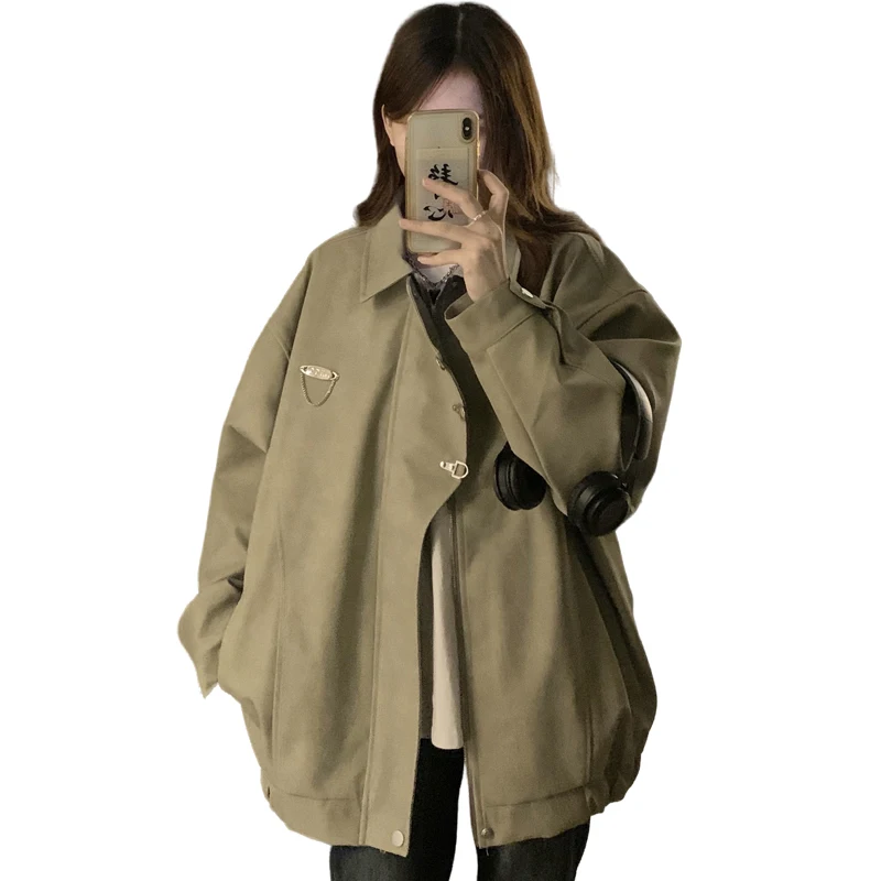 2024 autunno New American Retro Pu giacca in pelle fibbia in metallo colletto rovesciato manica lunga giacche larghe cappotti Streetwear top