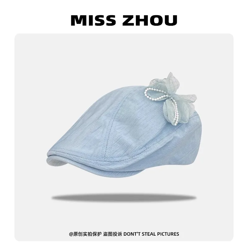 

Japanese Sweet Pearl Flower Patch Berets Cap for Women Summer Autumn Travel Photo Versatile Simple Solid Color Painter Hats