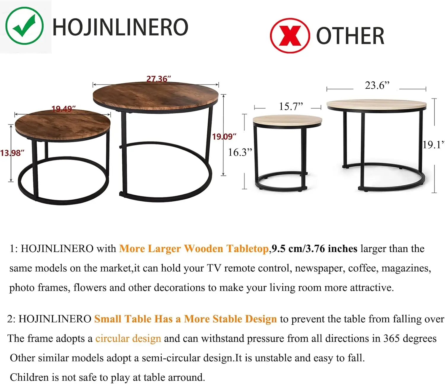 Industrial Round Coffee Table Set of 2 End Table for Living Room,Stacking Side Tables, Sturdy and Easy Assembly,Wood Look Accent