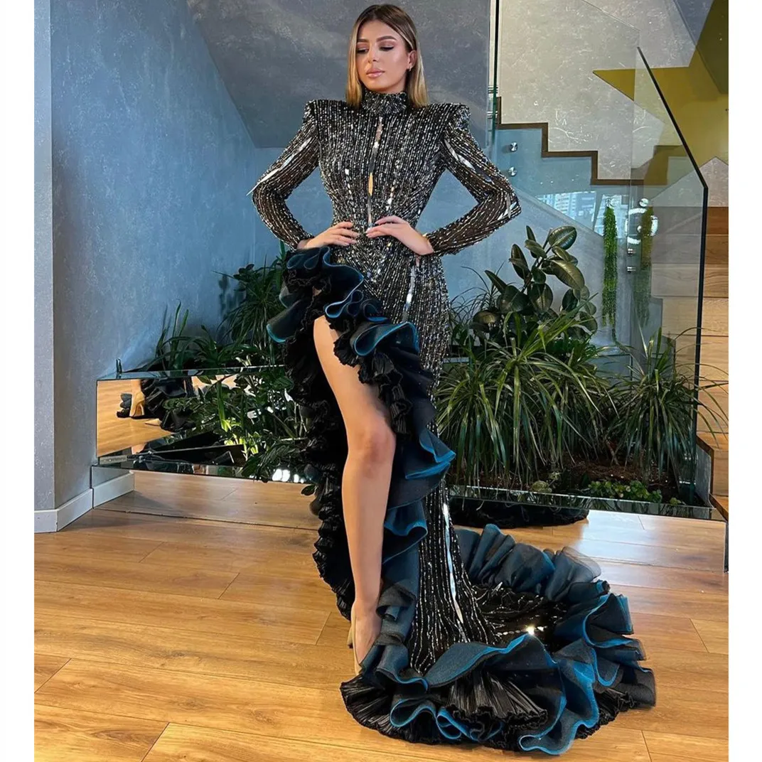 Robe de soirée noire à col en V, manches longues, col haut, paillettes, perles brillantes, applications en dentelle 3D, fente latérale, robe de bal sur mesure