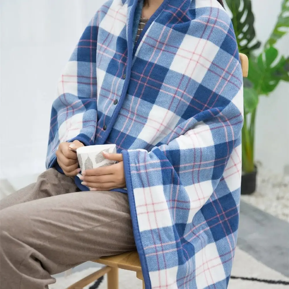 

Lazy Plaid Wearable Blanket Thicken Fleece-lined Casual Office Blanket with Button Polyester Home Shawl Blanket Outdoor Travel