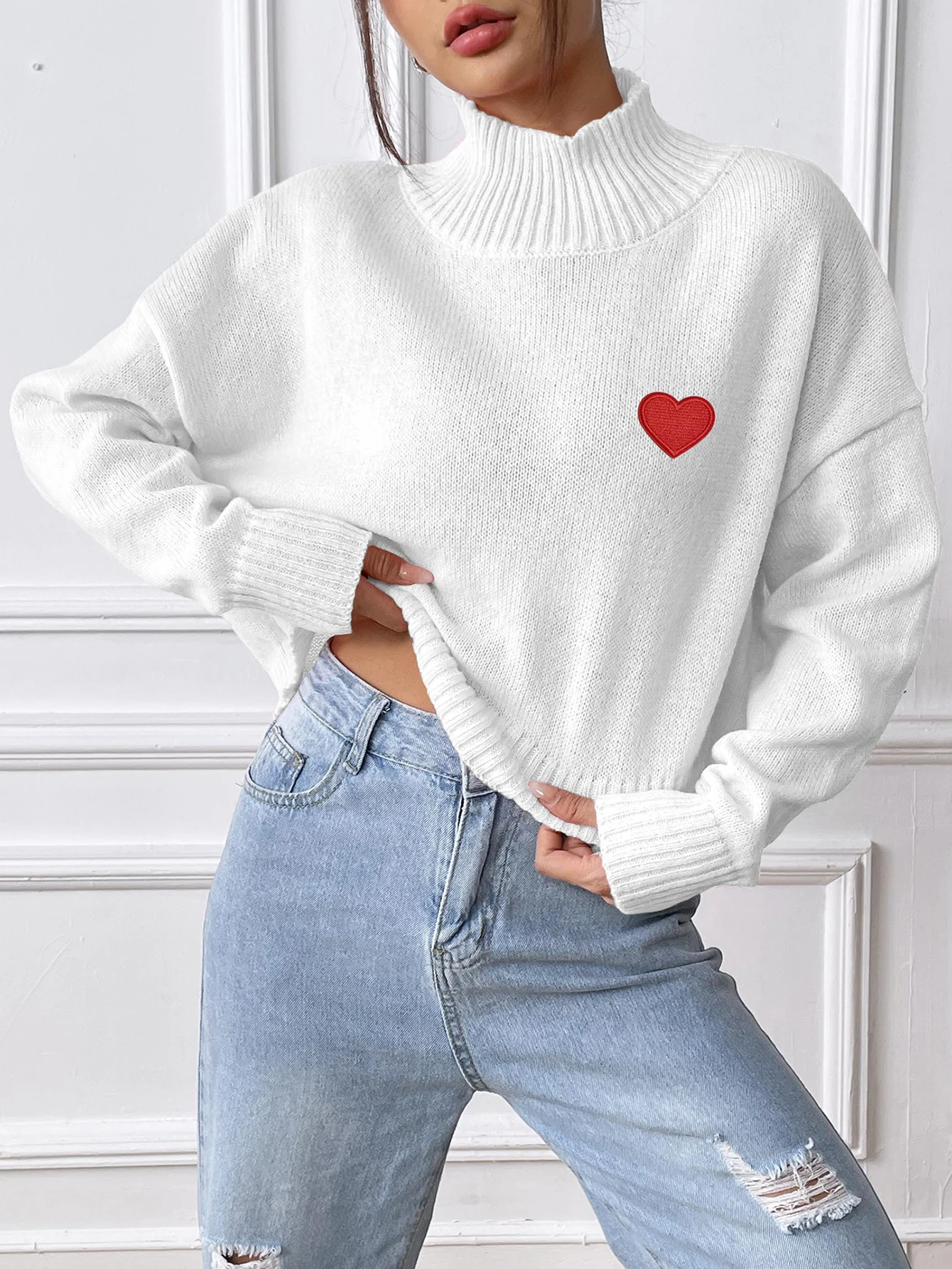 

Women's Long Sleeve High Neck Sweater Autumn Winter Fashion Comfortable Love Print Daily Top for Ladies
