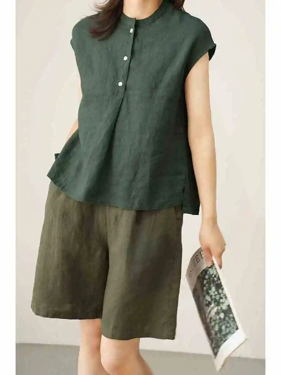 ゆったりとした綿麻のスウェットシャツ、女性用夏物薄手トップス、ボタンデザイン、無地、通勤、カジュアルなスウェットシャツ