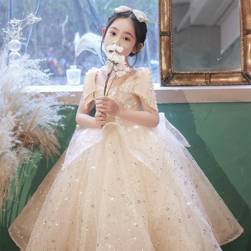 Customized Fashion Baby Flower Girl Dresses Tulle With Pearls Children Prom Birthday Party Show Gowns