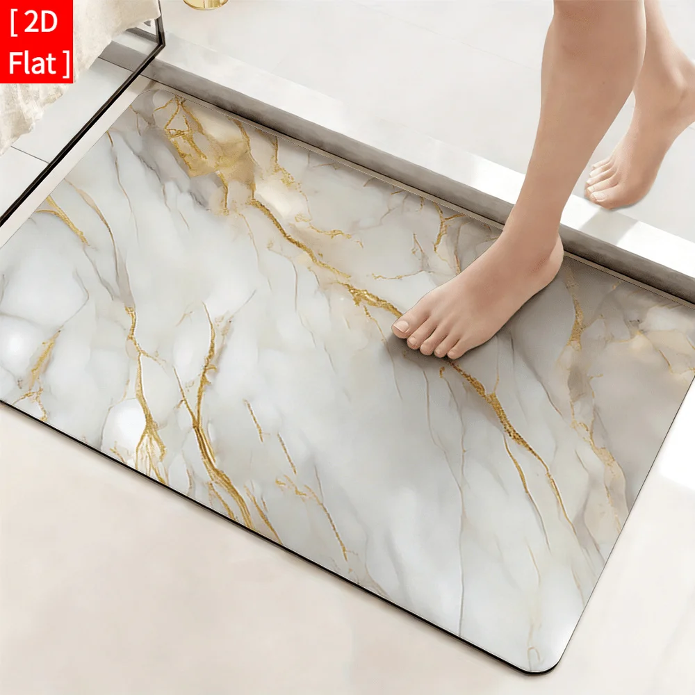 Luxurious White Marble Vein Print Bathroom Rug Mat Runner Floor Decor for Modern Luxury Bathroom Entryway