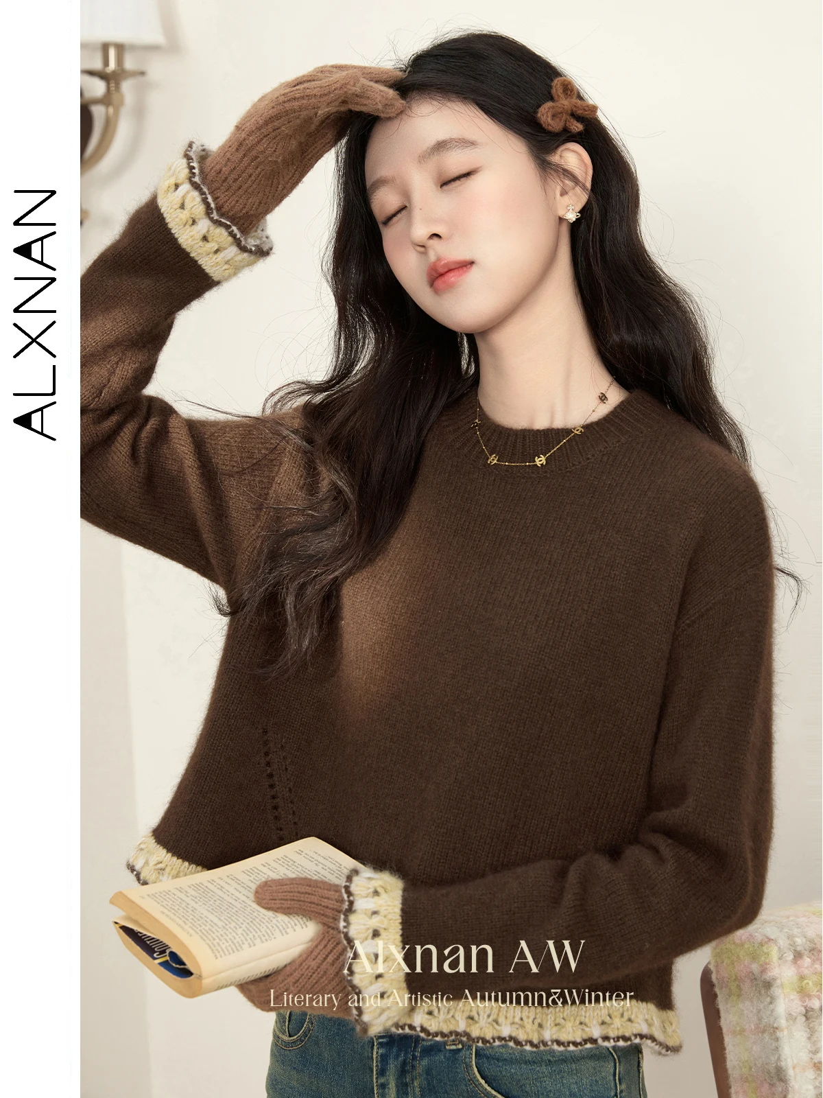 

ALXNAN Women's Languid Knitted Sweaters Thread O-neck Patchwork Crochet Hem&cuffs Long Sleeve 2024 Fall Winter Lady Tops L51569