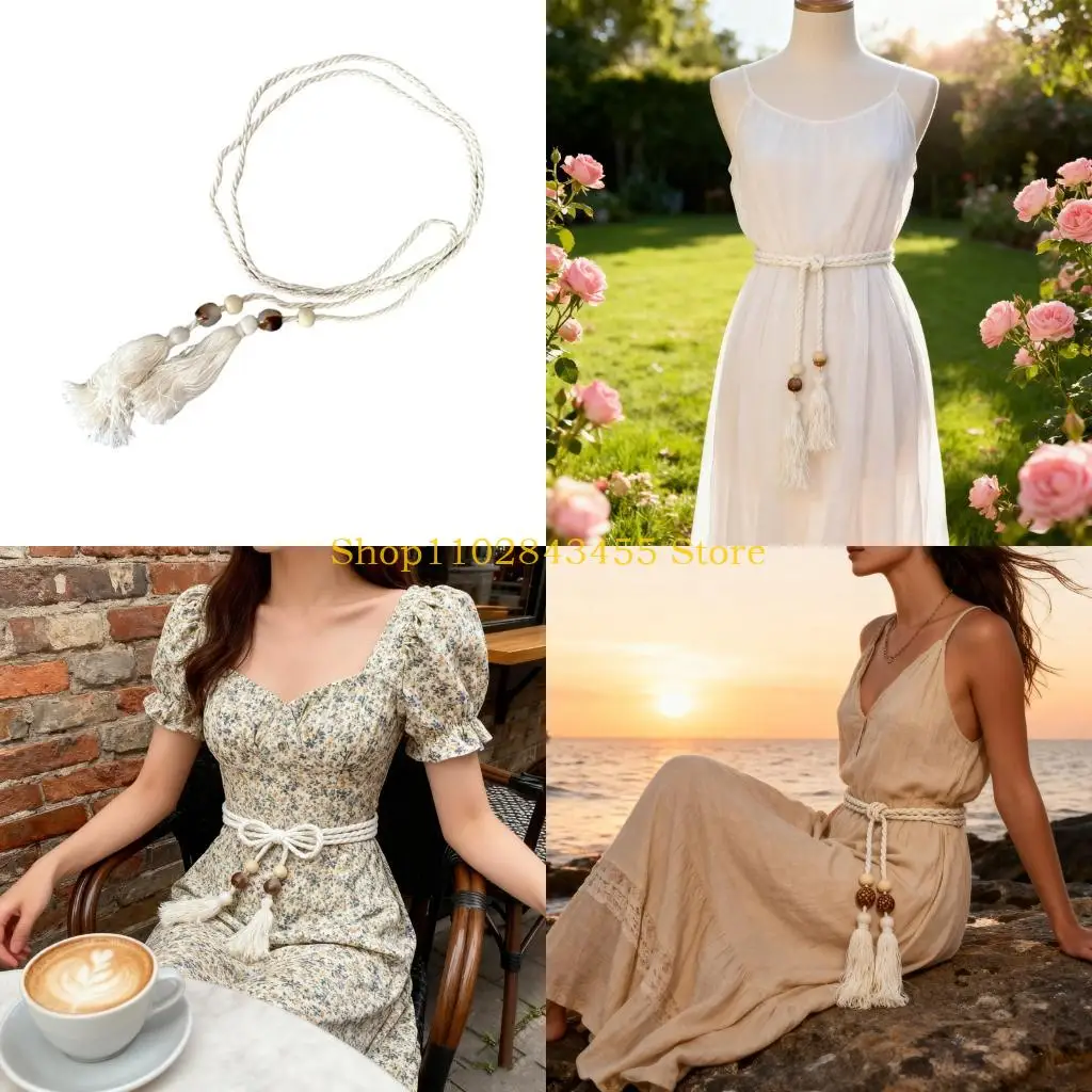 49MC Medieval Trend Braided Rope Belt Adjustable Tassels Waistband Cotton Woven Decoration For Beach Dresses