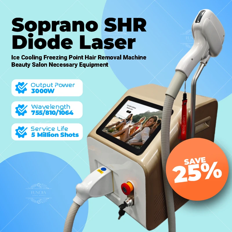 

Portable SHR Diode Laser Hair Removal Machine Soprano System Freezing Point Painless Epilation Triple Wavelength 755 810 1064