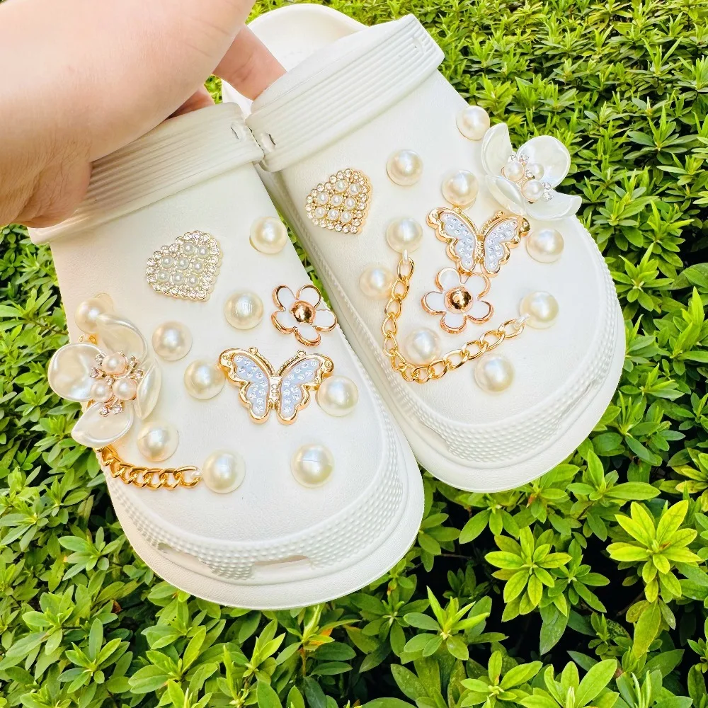 24PCS Summer Fashion Shoe Charms Set Accessories for Clogs Shoe Buckle Butterfly Pearl Flower Chain DIY Shoes Decorations image 2