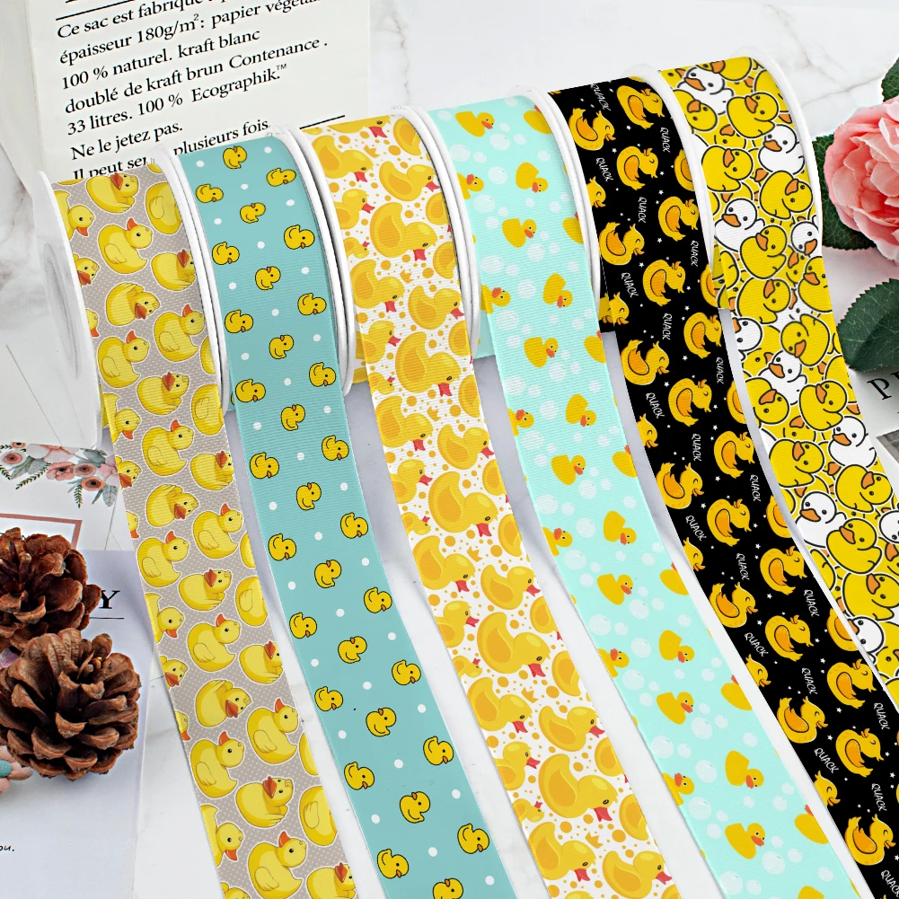 Little Yellow Duck Pattern Printed Grosgrain Satin Ribbon for Gift Wrapping Hair Bow Craft Accessory 50 Yards