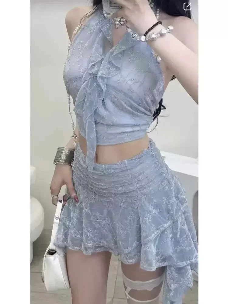 

2025 NEW Sexy Summer Half Skirt Bikini Set with Lace Trim Hanging Neck Design Beach Vacation Slimming Swimsuit for Trendy Girls