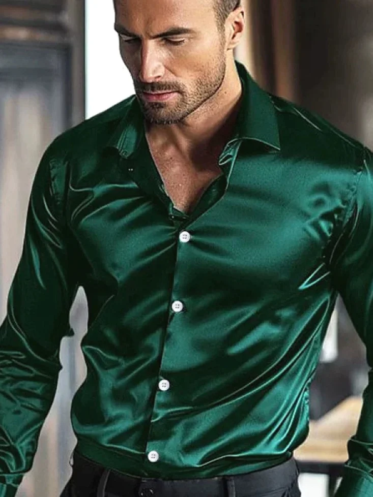 

Shiny Ice Silk Chiffon Casual Long Sleeve Shirt for Men Smooth Iron-Free Slim Fit Workwear Shirt Hard Man Reflective Bright Face