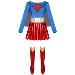 Women Supergirl Cosplay Adult Halloween Superwomen Costume Kid Role Play Christmas Carnival Masquerade Stage Show Party Dress
