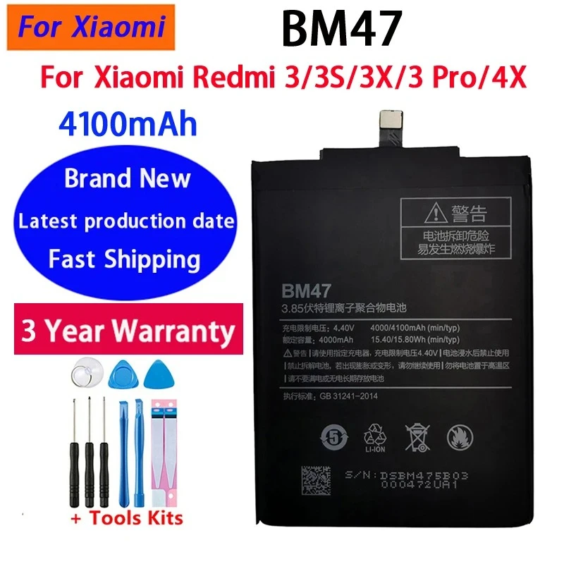 High Quality 4100mAh  BM47 Battery For Xiaomi Hongmi Redmi 3Pro 3 Pro 3S 3X 4X Phone Battery Batteries Bateria Batterij