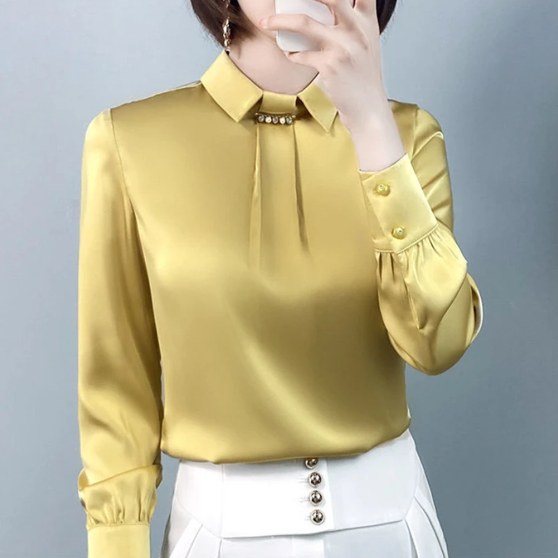 Yellow Beading Stain Shirt Spring Summer Fashion Blouse 2023 Long Sleeve Turn Down Collar Shirt for Female Korean Elegant Shirt