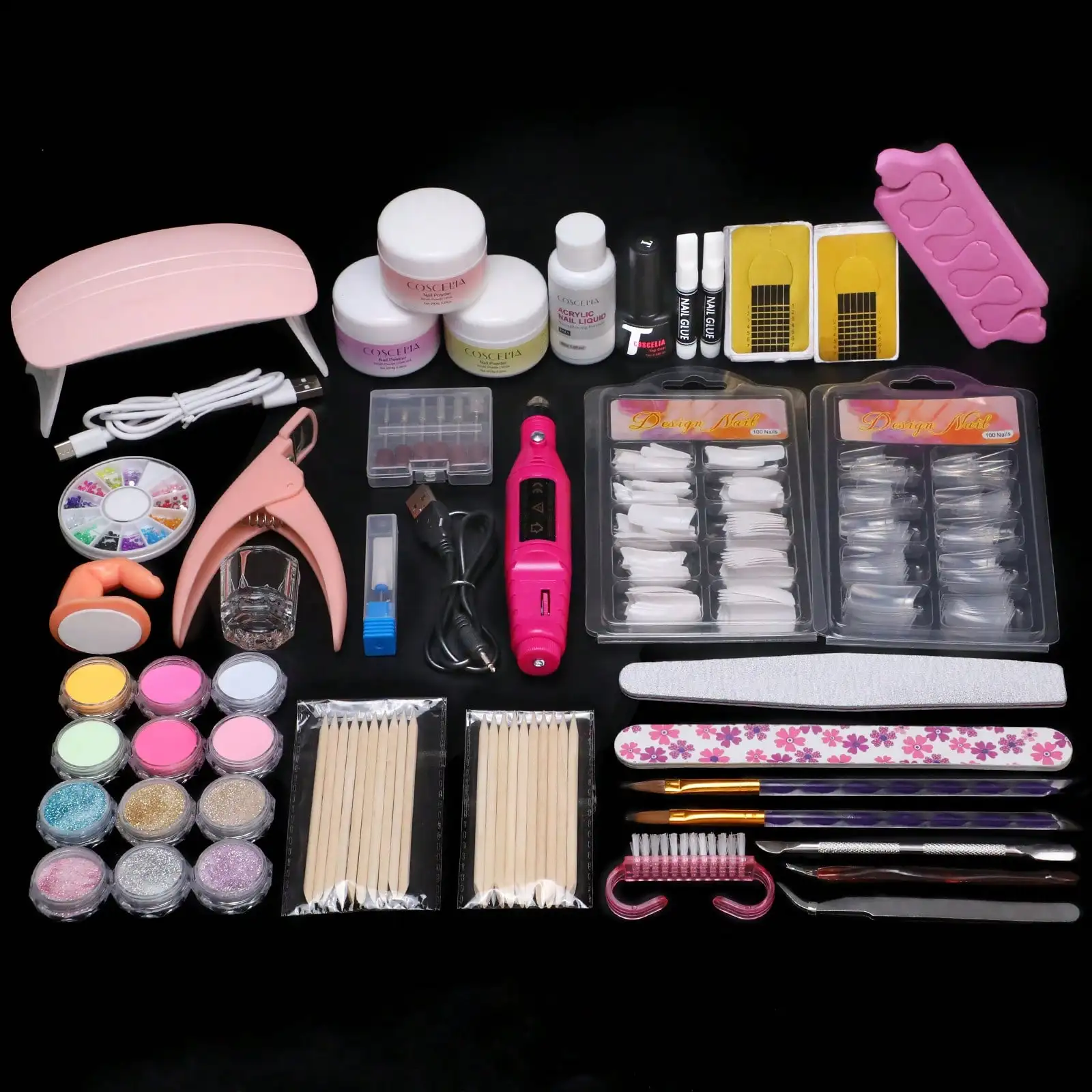 Acrylic Nail Kit Mini UV Lamp And Nail Drill 3 Acrylic Powders And 30ML Acrylic Liquid Top Coat Decoration Powder Nail Tips For Extension French Nail Summer Vacation Gift For Women 2