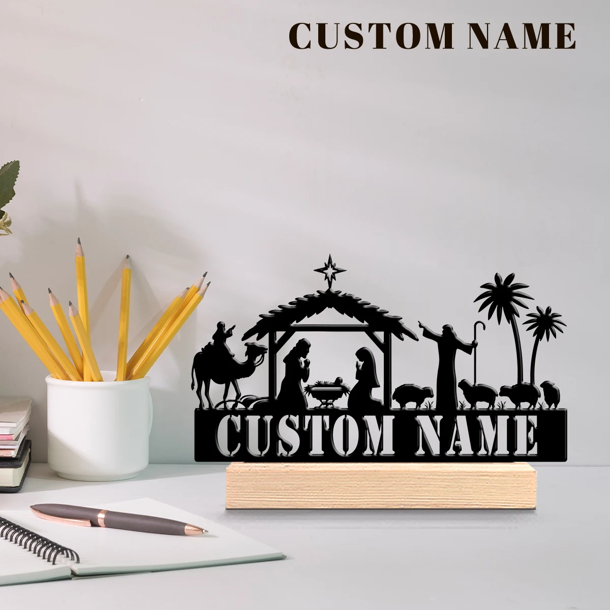 1pc Metal Ornaments with Customizable Names Customizable Name Equipped with A Wooden Base Unique Desktop Decoration Custom Gifts