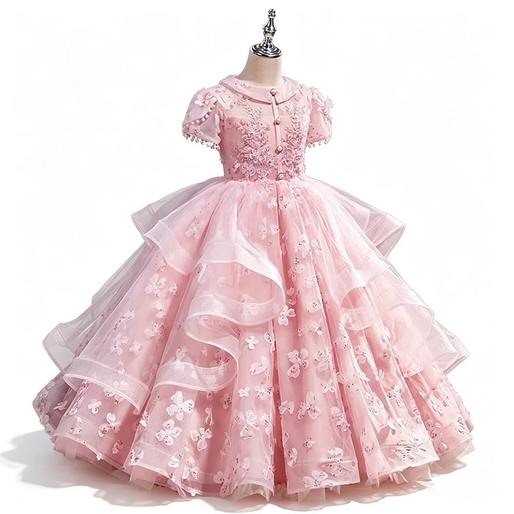 Girls Pageant Evening Prom Dress Short Sleeve Appliques Kids Formal Birthday Party Gown Tiered Tulle Girl Dress For Performance