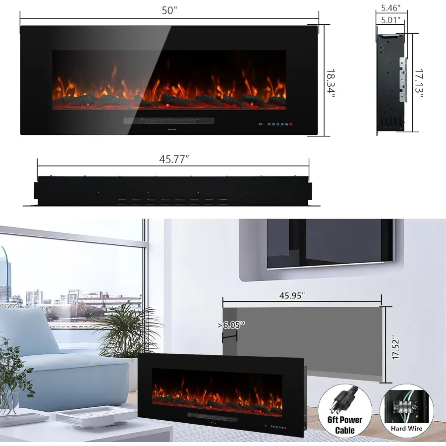 50 Camino Elettrico da Incasso e Riscaldatore a Parete con Fiamma a 13 Colori e Letto Carburante 5 Impostazioni Dimmer Touchscreen Inte