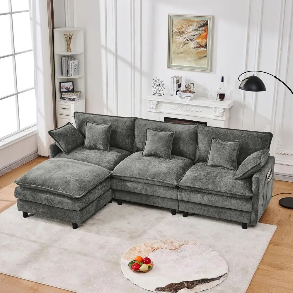 102" ular Sectional Soa, Premium Chenille Cloud Couch with Reversible Ottoman, L-Shaped Oversized Soa with Side Storage kets or
