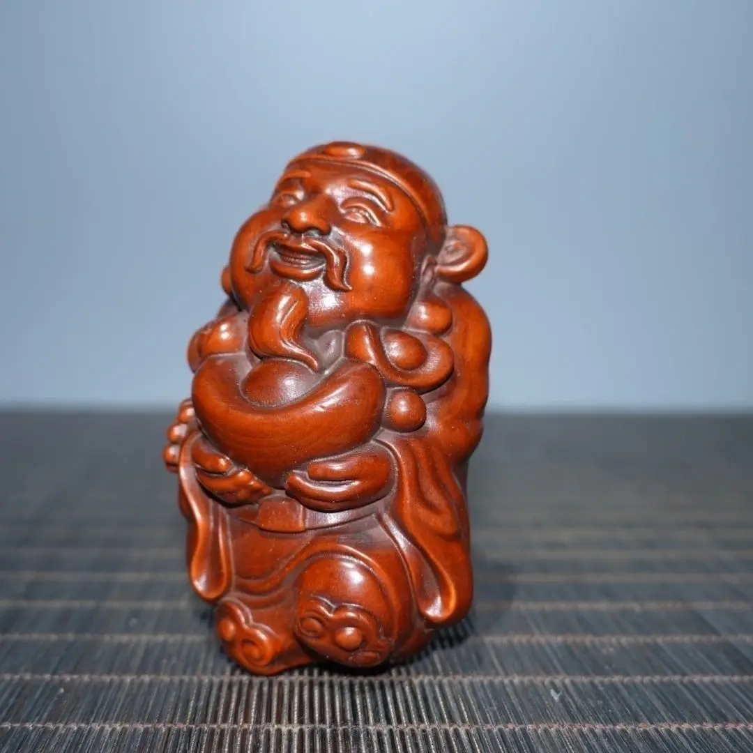 Hand Carved Wood yuanbao Wealth God Statue Figurine Desktop Ornaments Home Decoration Crafts Tea Pet Decor
