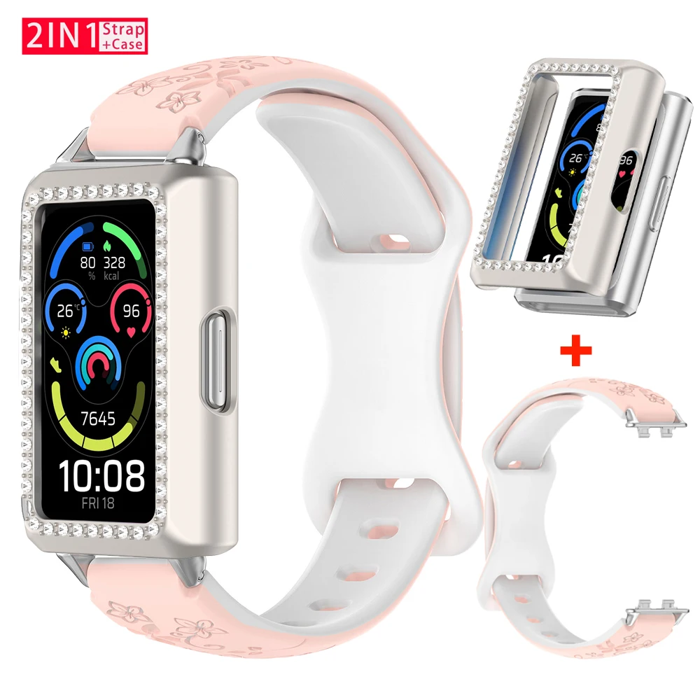 Graviertes Blumenarmband + glitzernde Diamant-Schutzhülle für Huawei Watch 11/11Pro, hohler Abdeckrahmen für Huawei Watch11/11 Pro Band